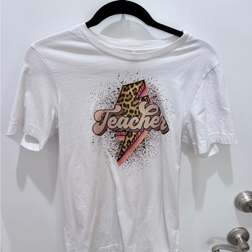 White Graphic Tee with Leopard Print 'Teacher' Design